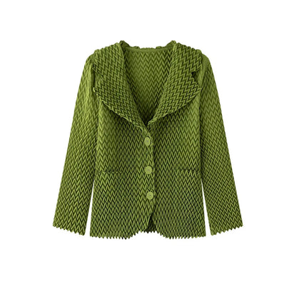 Pleats Original High-end Simple Solid Wave Pleated Small Suit Casual Versatile Long-sleeved Short Jacket Female Spring