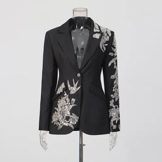 Women Chic Blazer Sequined Elegant Fashion Single Button Notched Collar Waist Cinching Tide Jacket New Women Spring HK19357