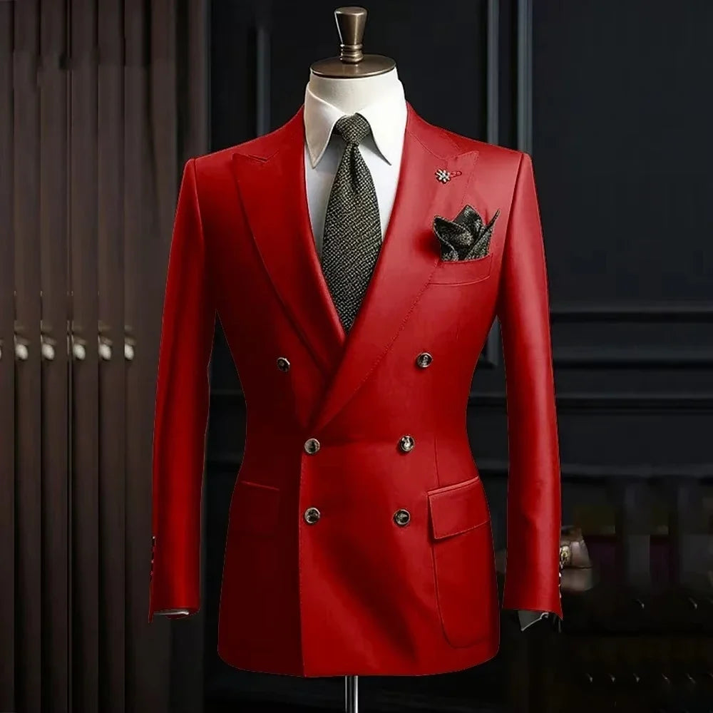Solid Blazer for Men Peak Lapel Double Breasted Dinner Jacket Elegant Smoking Slim Fit Suit Coat for Wedding/Business Banquet