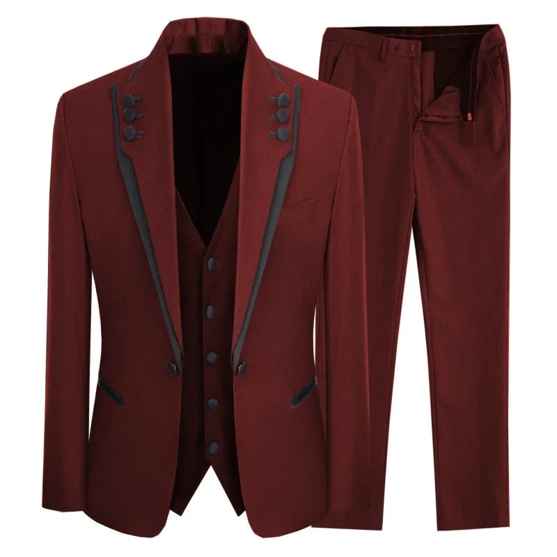 Men Suit 3 Piece Gray Single Button With Black Ruffle For Wedding Groom Banquet Birthday Work Tuxedo Jacket Vest With Pants