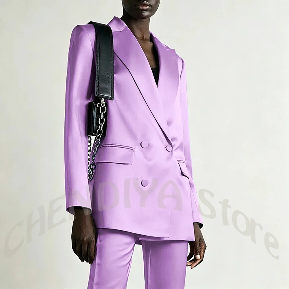 Tailored Business Attire Women Suit Elegant Satin Pink Peaked Lapel Slim Double Breastde Outfit Two Piece Office Work Female Set