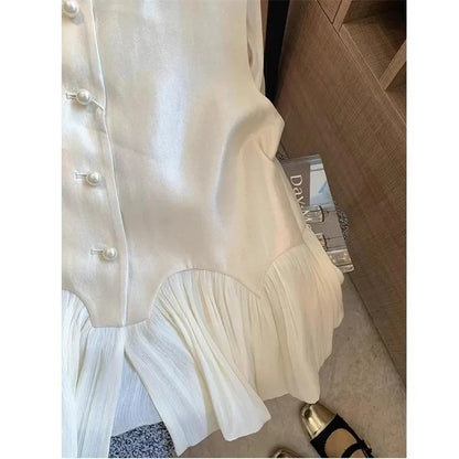 Spring Lady Lotus Leaf Edge Sleeveless T-shirt Summer Women Fashion Patchwork Waistcoat French Femme Round Neck Pearl Satin Vest