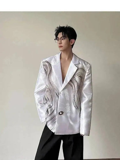2026 New Original Luxury Temperament Sequin Gauze Patchwork Design Blazer Coat Men Elegant Handsome Casual Jacket JY7013