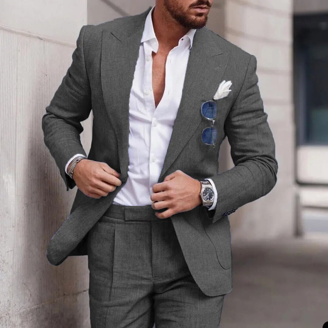 Men's 2-Piece Linen Suit – Slim Fit Notch Lapel Blazer & Trousers for Wedding, Business & Formal Occasions