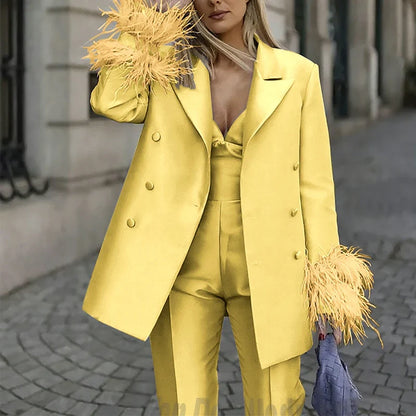 Classic Satin Women's Suit Set 2 Piece Exquisite Feather Double Breasted Jacket With Pants Evening Party Luxury Trouser Suits
