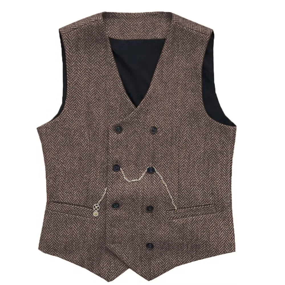 Men's Herringbone Suit Vest Double Breasted Waistcoat for Weddings and Business