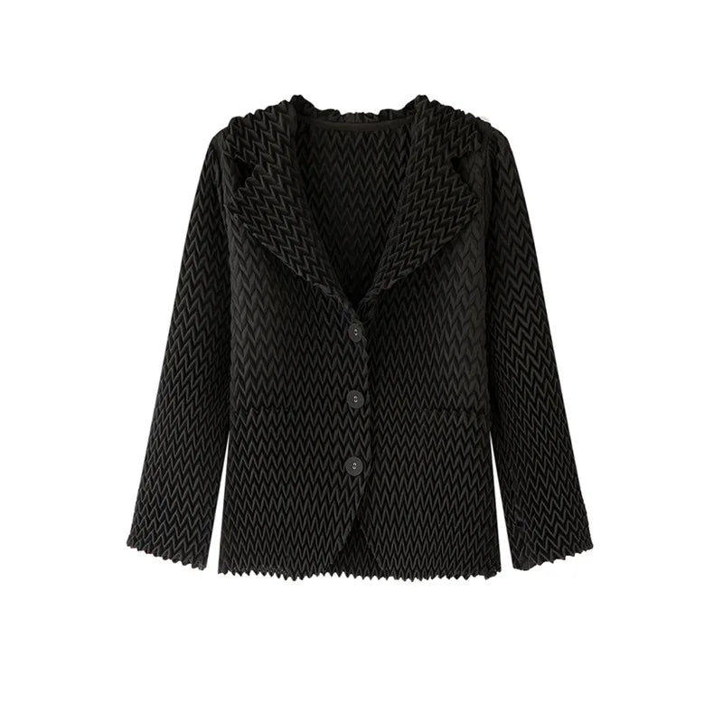 Pleats Original High-end Simple Solid Wave Pleated Small Suit Casual Versatile Long-sleeved Short Jacket Female Spring