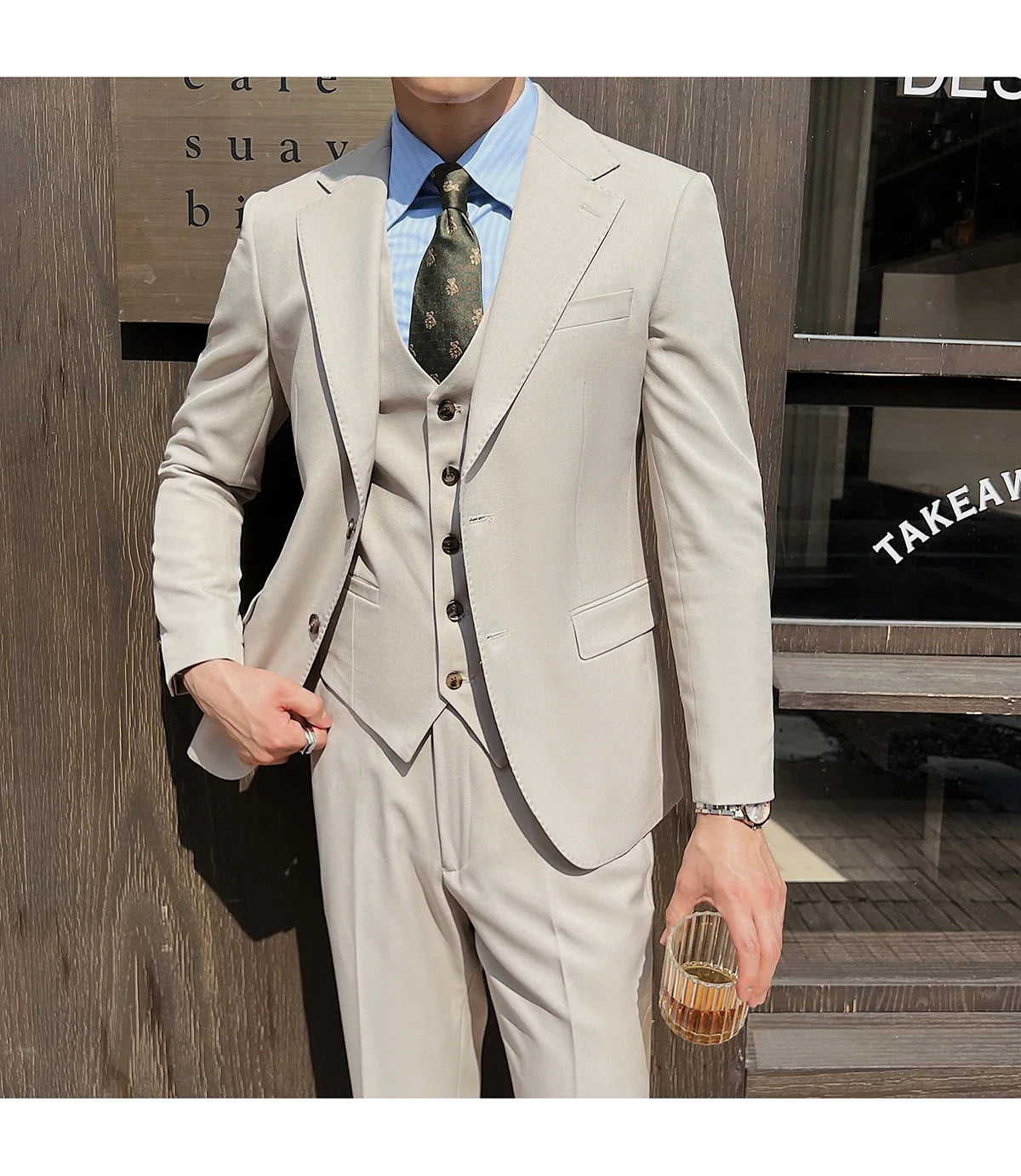 ( Jacket+Vest+Pants ) ltalian Style Luxury High-end Fashion Solid Color Mens Business Slim Suit 3Piece Set Groom Wedding Tuxedo