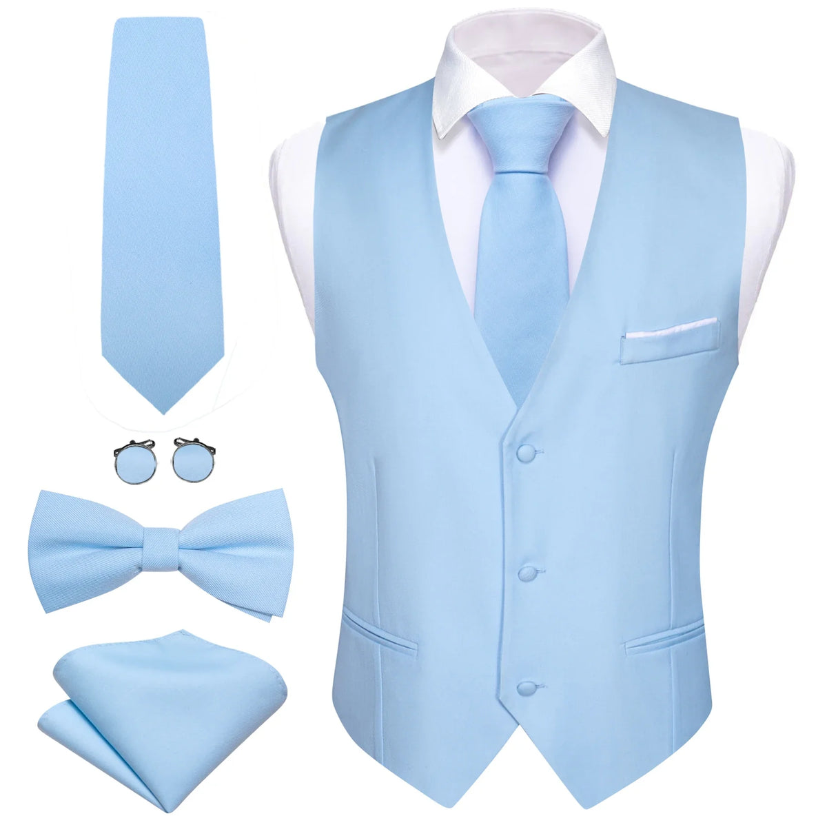 Men's Suit Vest 5-Piece Set – Solid Color V-Neck Waistcoat with Tie, Bow Tie, Pocket Square & Cufflinks for Wedding & Business