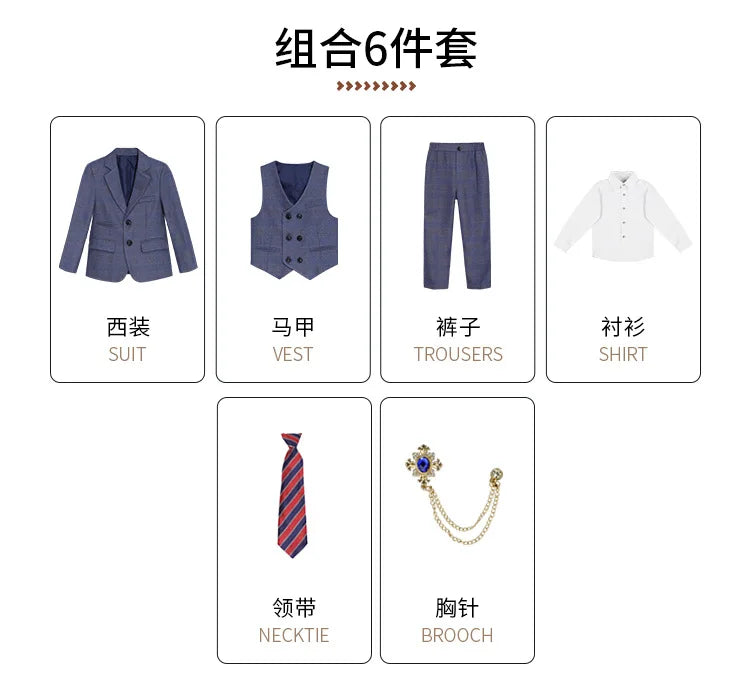High Quality Boys Plaid Wedding Suits Kids Morning Coat Formal Dress Child Tuxedos Blazer Clothes Sets Toddler School Uniforms