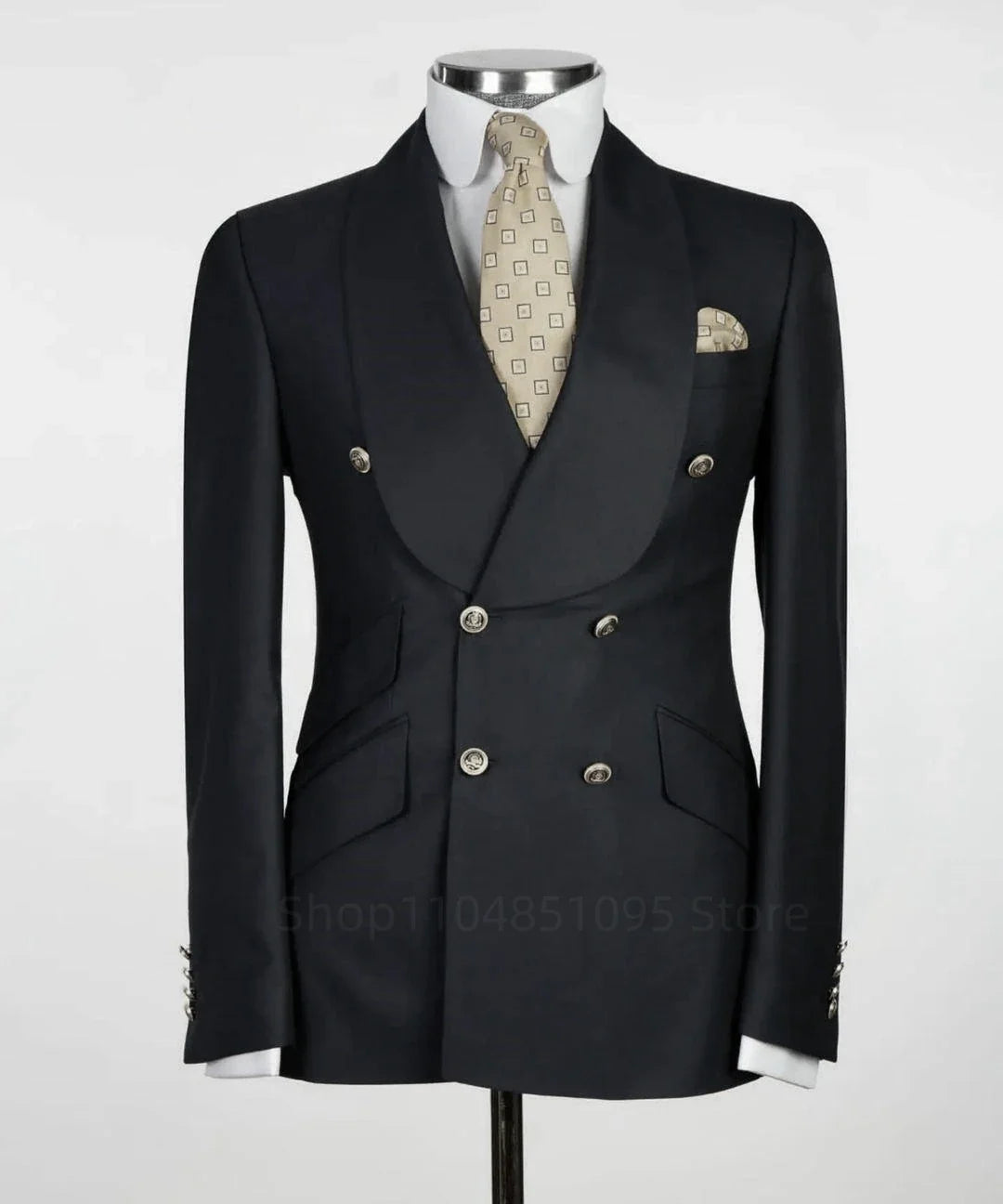 Formal Men Suit Jacket Slim Fit Navy Blue Long Sleeve Shawl Lapel Double Breasted Blazer Business One Coat Work Office Jacket