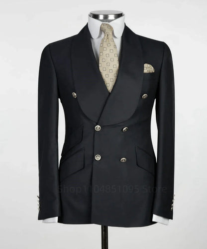 Formal Men Suit Jacket Slim Fit Navy Blue Long Sleeve Shawl Lapel Double Breasted Blazer Business One Coat Work Office Jacket