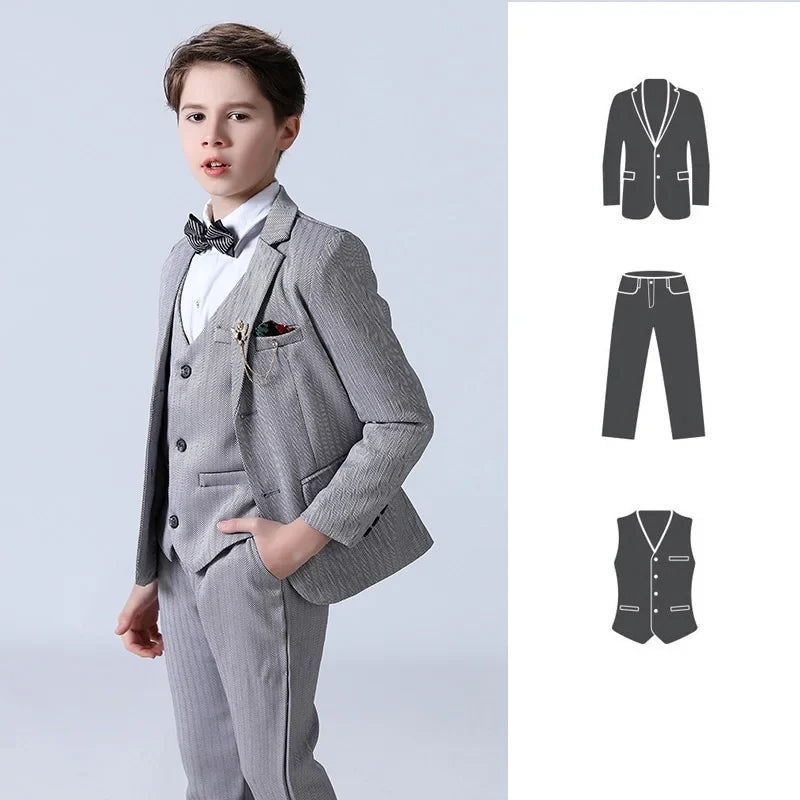 Big Teenager Tuxedo Dress Children Dance Costume Flower Boy Wedding Suit Kids Formal Jacket Vest Pants 3PCS Party Photograph Set