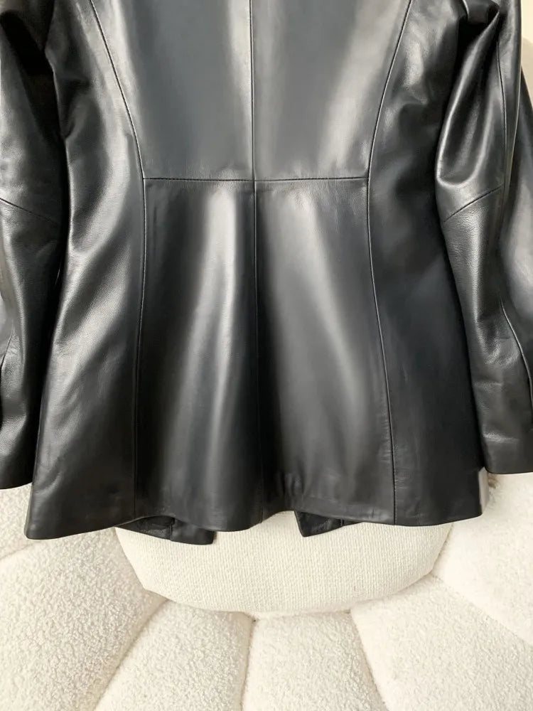 High Quality Women Single Breasted Genuine Leather Suit Jacket Fashion Office Lady Lapel Collar Slim Fit Sheepskin Blazers