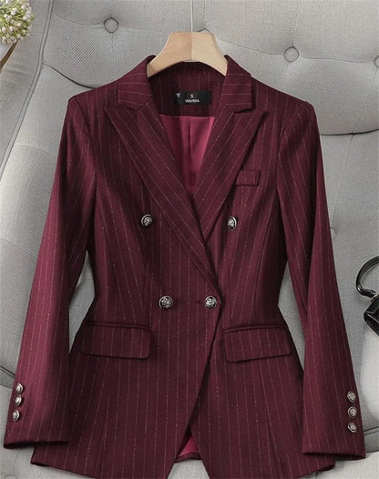 Fashion Autumn Winter Ladies Pant Suit Women Blue Striped Female Business Work Wear Jacket Blazer and Trouser Formal 2 Piece Set