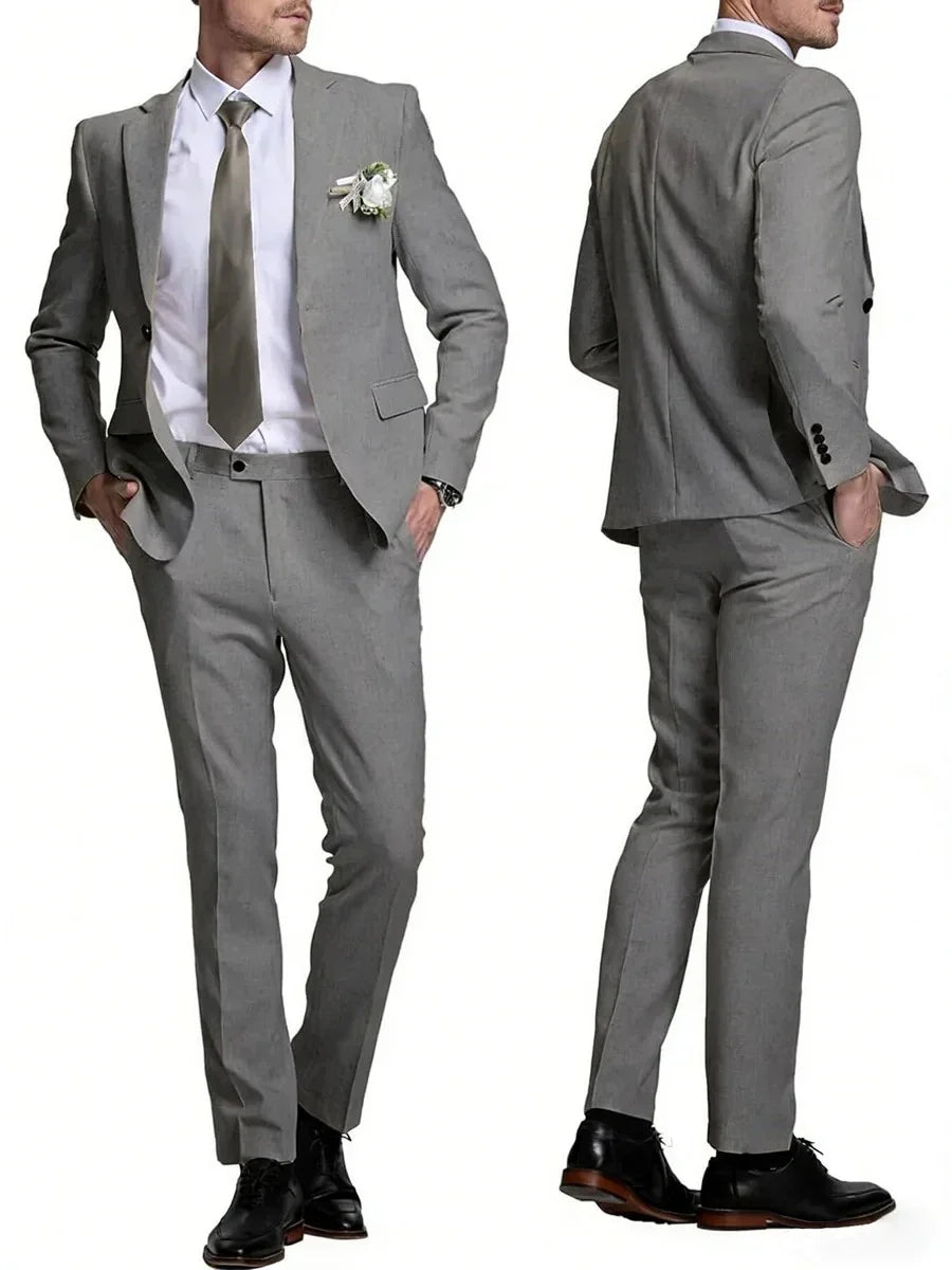 Linen Suits for Men Retro Casual Slim Fit Suit Beach Prom Dress Tux 2 Pieces Set Wedding Groomsmen One-Button Jacket Blazer Pant