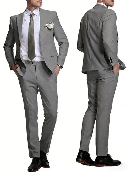 Linen Suits for Men Retro Casual Slim Fit Suit Beach Prom Dress Tux 2 Pieces Set Wedding Groomsmen One-Button Jacket Blazer Pant