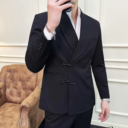 (Jacket+Pants) Vintage Luxury Chinese Style Suit Fashion Men High-end Elegant Business Social Wedding Dress Suit Tuxedo 2Pcs Set