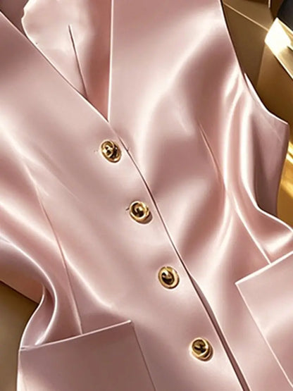 Elegant Pink Satin Waistcoat Vest For Women V‑neck Sleeveless Blazer Vest Pockets Slim Office Business Formal Lady Outerwear Top