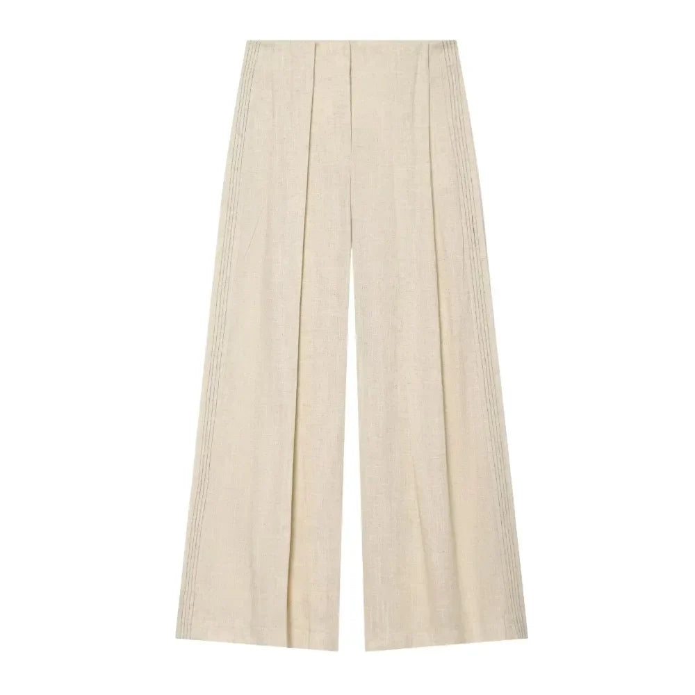 Stylish Commuting Style Pant Sets for Women Mandarin Collar & Long Sleeve Pleated Blazer Matching Topstitched Straight Leg Pants