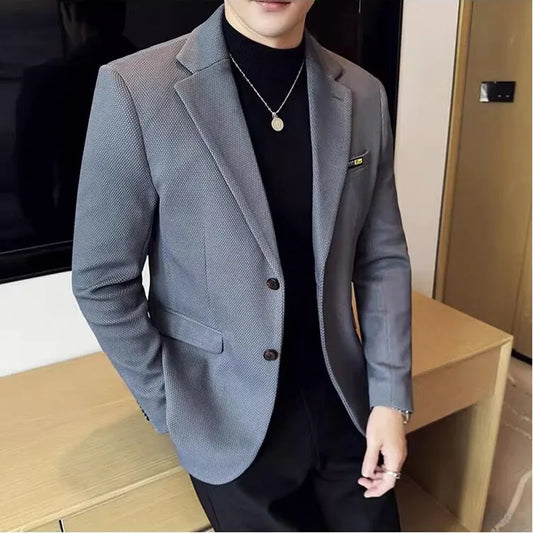 New Lmitation Cotton Jacquard Korean Slim Fit Suit Jacket Men Fashion Casual Business Blazers Wedding Social Party Dress Coats