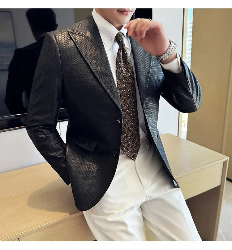 Korean Waffle Leather Suit Jacket Men's Business Casual PU Leather Blazer Slim Fit Wedding Groom Office Social Formal Coats 2026
