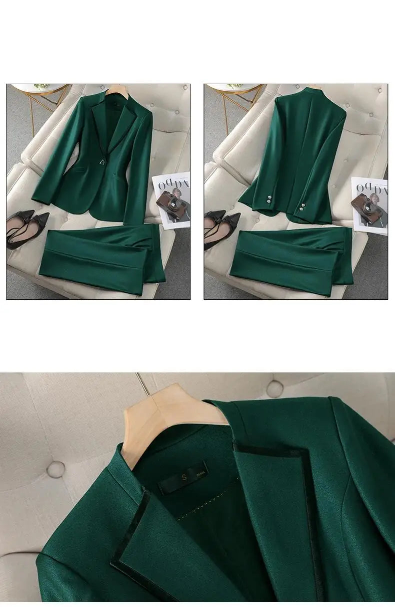 Elegant Single Button Blazer Suit Pant Sets for Women 2 Pieces Business Formal Office Outfit Autumn Plus Size Jacket Trousers