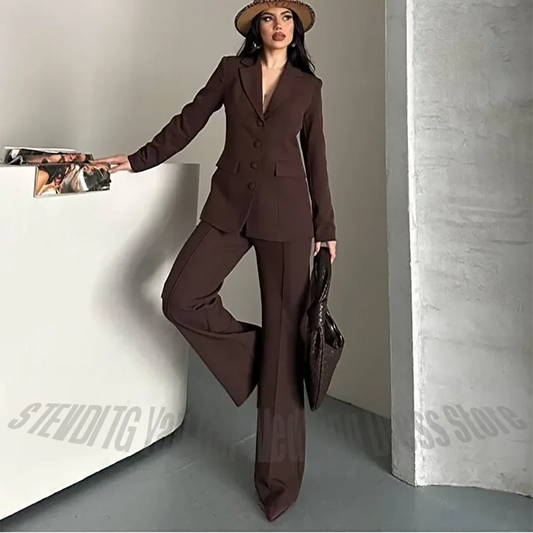 Dark Brown Women Two Piece Suit Set Notched Lapel Single Breasted Slim Blazer Pants Elegant Business Office Formal Outfit