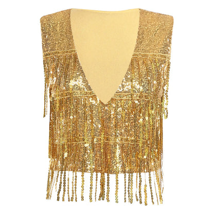 Women's Tassel Sleeveless Waistcoat Shiny Sequins Vest Glitter Fashion Open Front Vests Disco Jazz Dance Music Festival Clubwear