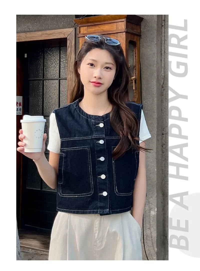 Retro Loose Thin Denim Vest Coat Women's Spring Summer Versatile Casual Sleeveless Jeans Jacket Korean Short Denim Waistcoat
