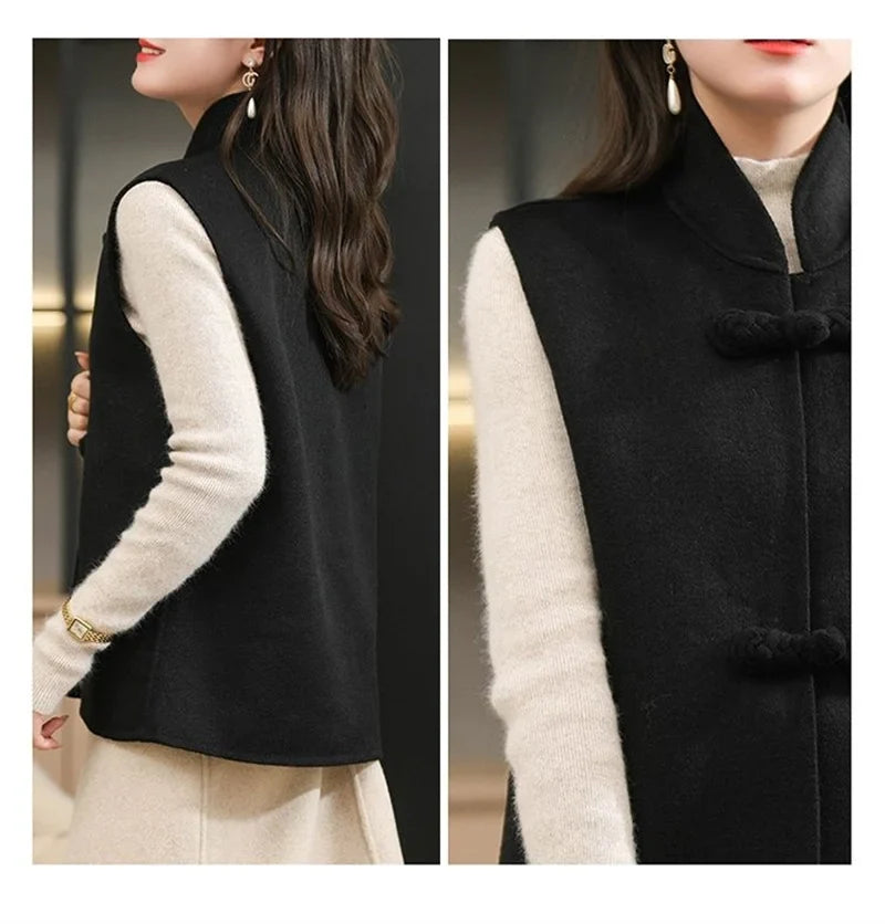 Woolen Vest Women's Standing Neck Button Chinese Style Loose Versatile Thin Wool Vest Outerwear Coat Sleeveless Jacket For Women