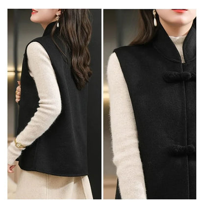 Woolen Vest Women's Standing Neck Button Chinese Style Loose Versatile Thin Wool Vest Outerwear Coat Sleeveless Jacket For Women