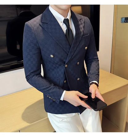 6 Color Luxury Double Breasted Blazers Coats 2024 New Fashion Checkered Business Slim Fit Social   Formal Suit Jacket 5XL-M