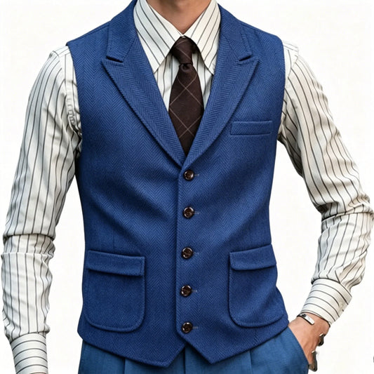 Men's Herringbone Tweed Vest – Notched Lapel Waistcoat for Wedding, Formal & Smart Casual Wear
