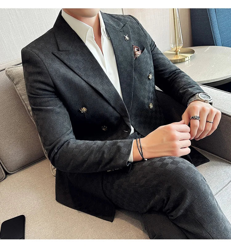 (Jacket+Pants)Luxury Checkered Double Breasted Suit  2 Pieces Fashion Business Slim Fit Social   Formal Suit Evening Dress 5XL-M