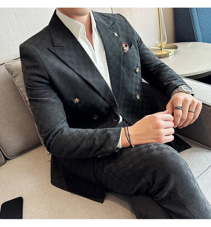 (Jacket+Pants)Luxury Checkered Double Breasted Suit  2 Pieces Fashion Business Slim Fit Social   Formal Suit Evening Dress 5XL-M