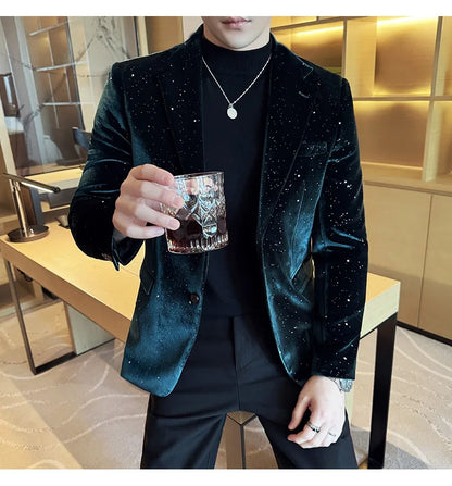 2025 Autumn New Velvet Jacket Men's Blazer Business Fashion Hot Stamping Printed Suit Jacket High-quality Luxury Dress Suit