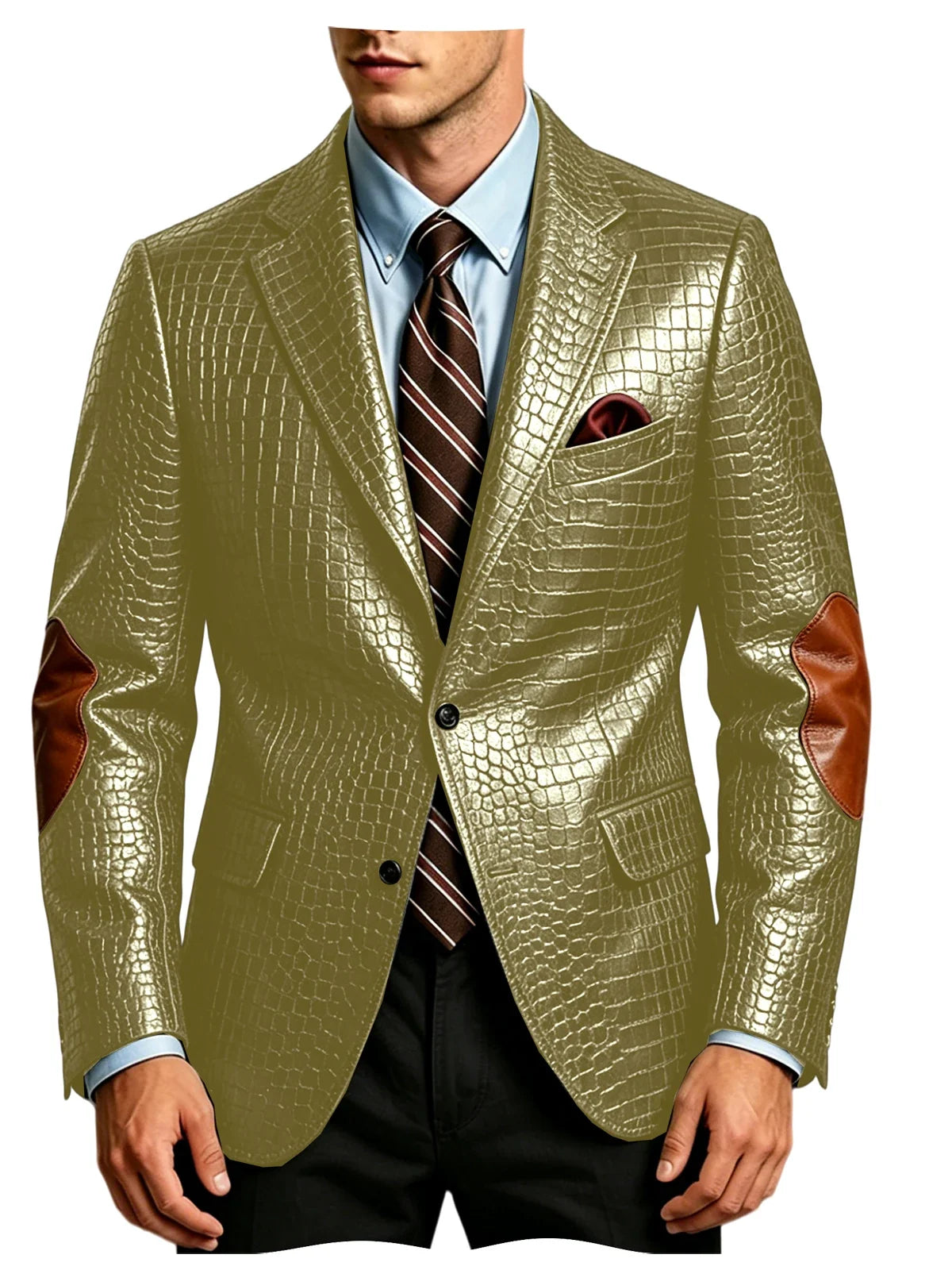 Men's Faux Leather Blazer  Crocodile Pattern Printed Sports Coat Jacket with Elbow Patch  For Party Prom Banquet Wedding Office