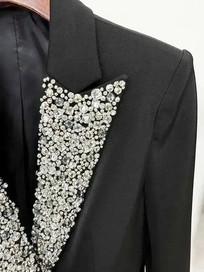 Trendy Fashion Women's Tide Handmade Gorgeous Blazer Heavy Industry Nail Bead Inlaid Diamond Slim Medium Length Coats H2699