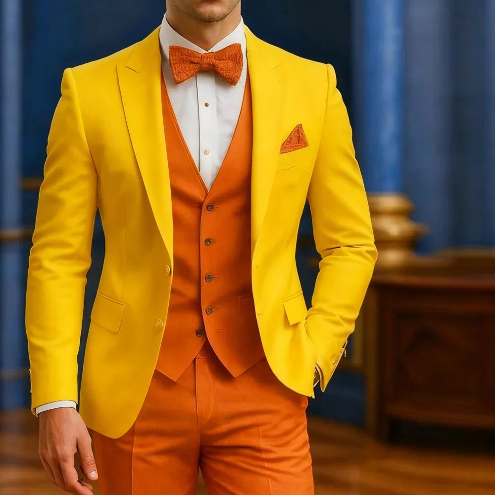 Costume 3 Pièces Homme Traditionnel Formel Blanc Et Orange Pour Mariage Cérémonie Garçons D'Honneur Bal De Fin D'Année Smoking