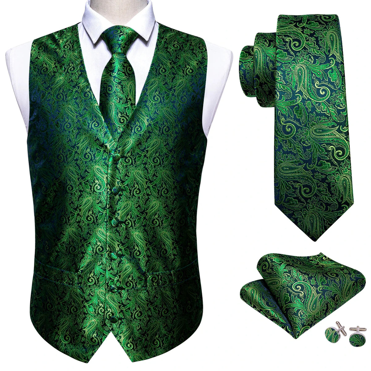 Men's Vest Embroidered Paisley Floral Waistcoat for Formal and Casual Wear — Green, Blue, Silver, Gray, Gold, Pink