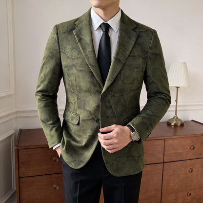 Men's Embossed Suede Blazer Smart Casual Single Breasted Jacket for Everyday Wear