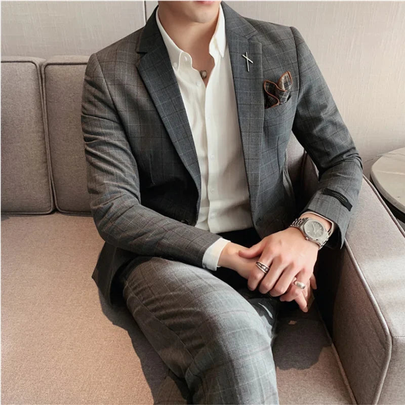 (Jacket+Pant) 2023 Latest Design Check Men Suit Groom Wedding Stage Tuxedos Best Costume Men Business Social Suits 2 Piece Set