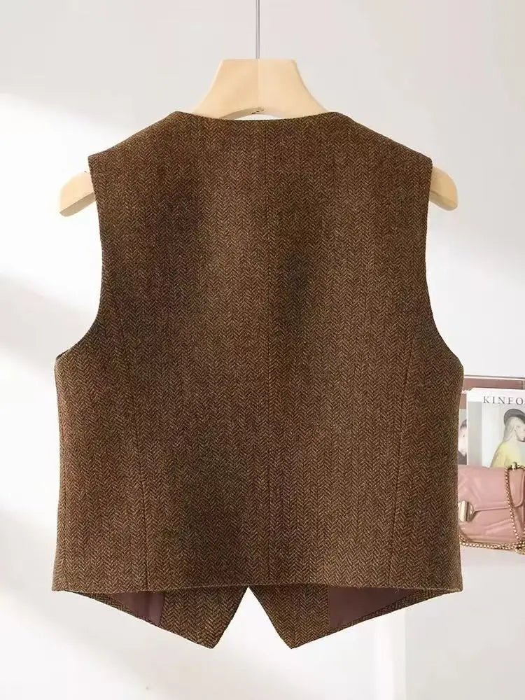 2025 British Style Retro Suits Vests Spring Autumn V-neck Herringbone Pattern Women's Sleeveless Jacket New Blazers Waistcoat