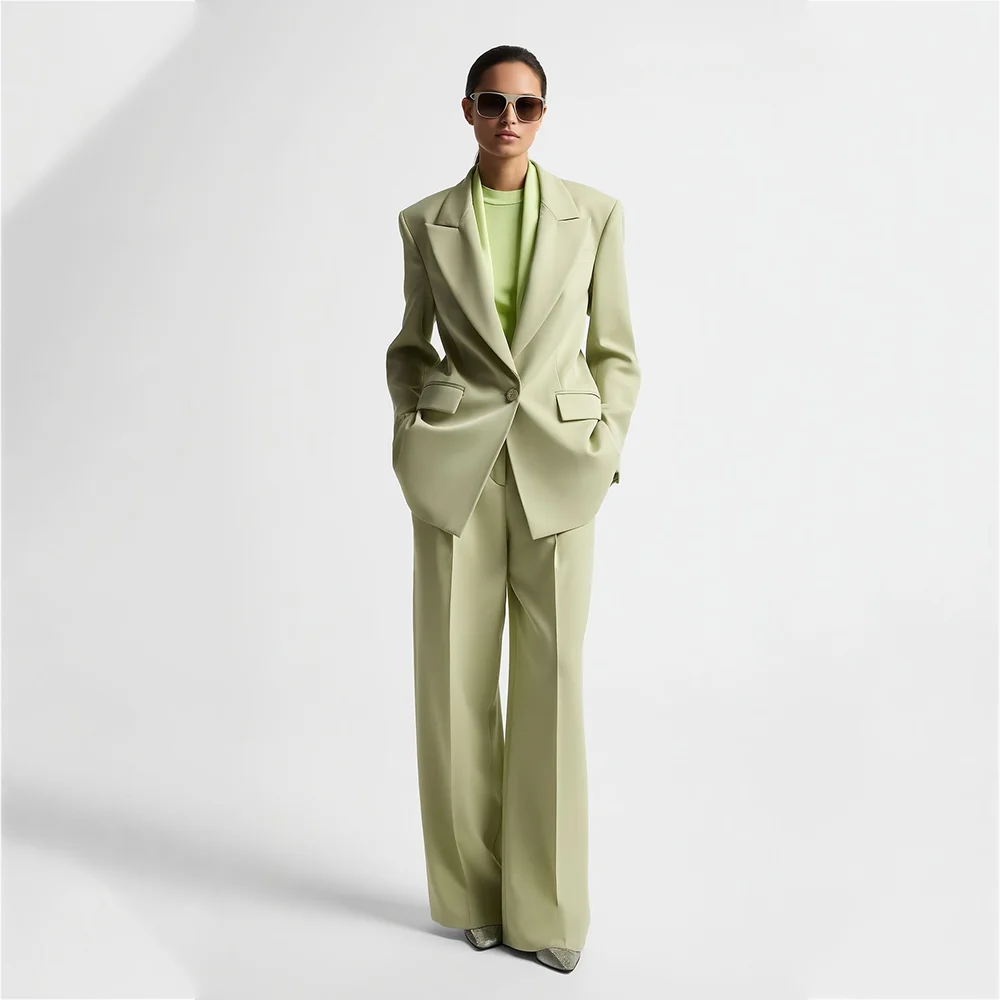 Professional Women 2 Piece Suit Set Peak Lapel Single Button Straight Leg Elegant Business Office Formal Outfit Jacket Pants