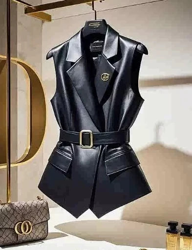 Chic Black Faux Leather Waistcoat Vest For Women Lapel Sleeveless Blazer Belt Pocket Slim Streetwear Office Lady Outerwear Tops