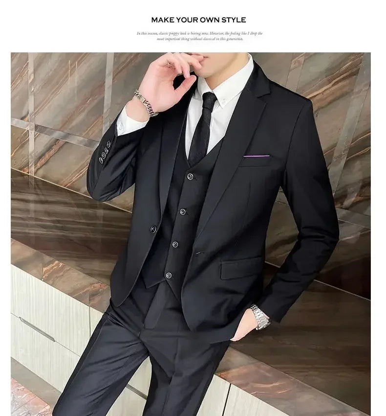 Suit (Blazer + Vest + Pants) Men's Smart Casual Business Formal Korean Style Banquet Suit