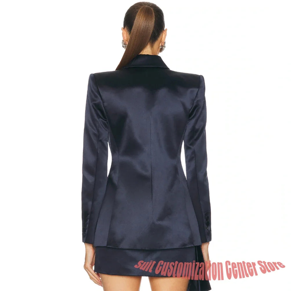 Elegant Women's Navy Satin Jacket+Mini Skirt Set with Asymmetrical Ruffle Hem Luxury Formal Outfit for Cocktail Parties