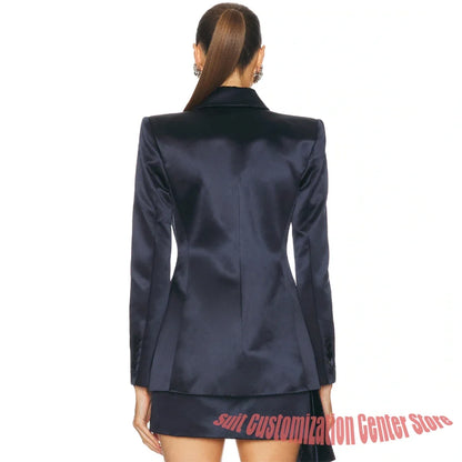 Elegant Women's Navy Satin Jacket+Mini Skirt Set with Asymmetrical Ruffle Hem Luxury Formal Outfit for Cocktail Parties