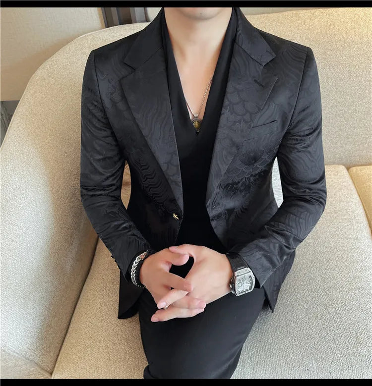Luxury Jacquard Casual Suit Jacket for Men Autumn Korean Fashion Business Social Blazers Handsome Office Wedding Dress Jacket
